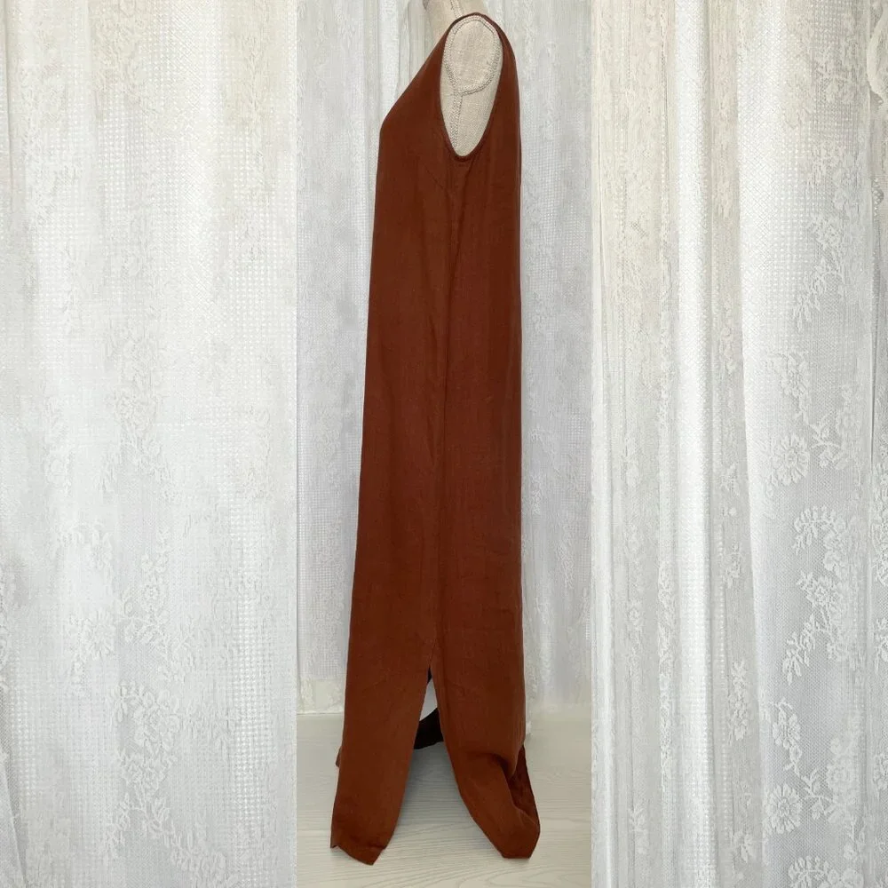 Natural Wave Munich Women's Linen Maxi Dress 4 Brown Slit Lagenlook Minimalist - Picture 2 of 7